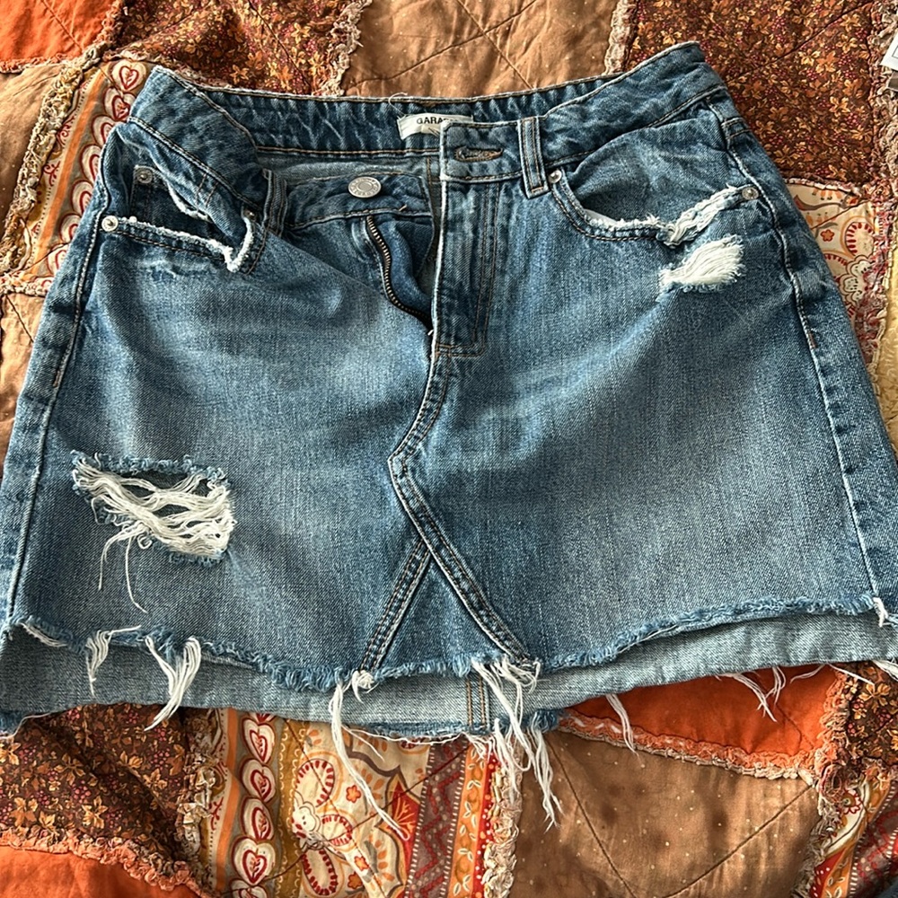 Garage distressed denim mini skirt